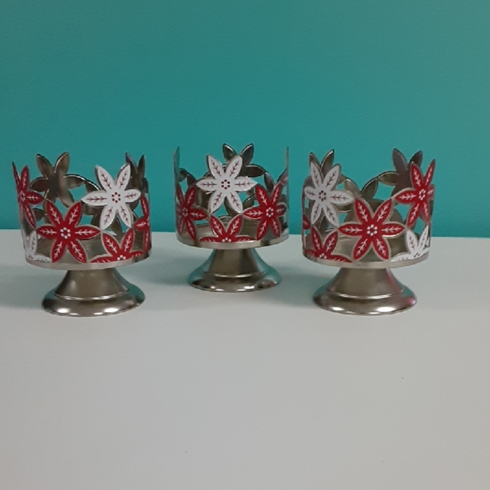 Sonoma Red and White Floral Metal Candle Holders, Tea Light Holders - Set of 3